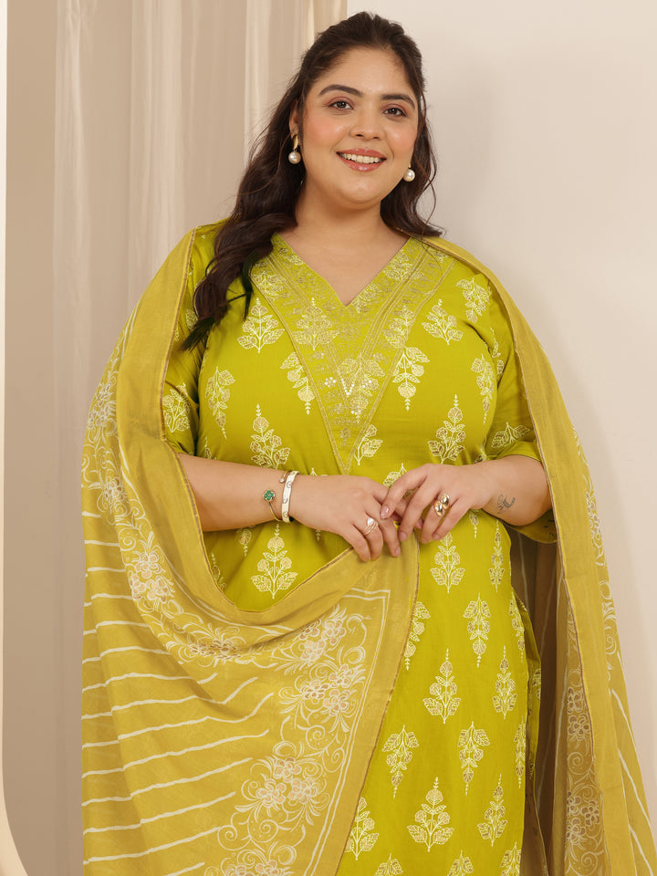 Plus Size Mustard Printed Cotton Straight Suit Set With Dupatta