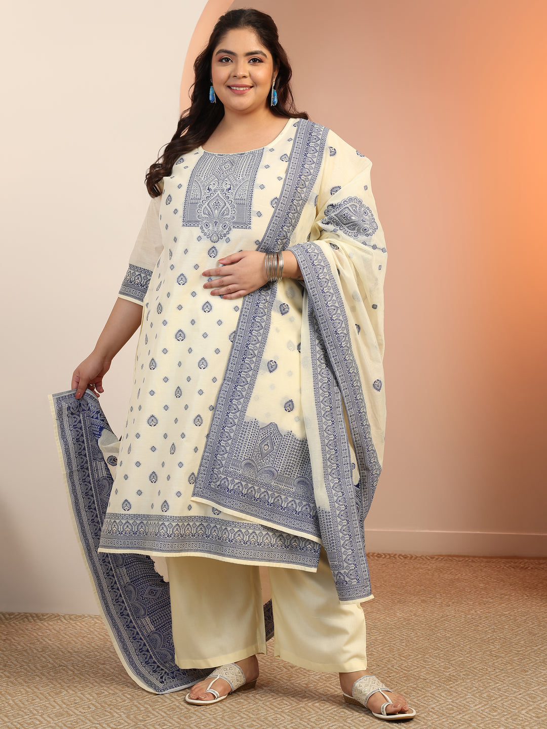 Plus Size Cream Woven Design Cotton Blend Straight Suit Set With Dupatta