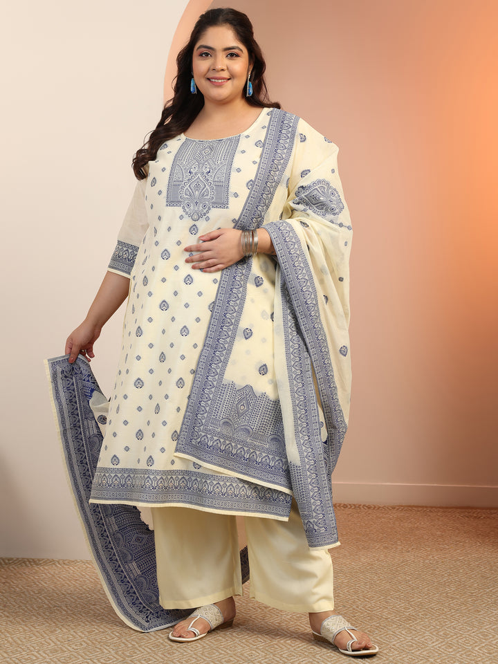 Plus Size Cream Woven Design Cotton Blend Straight Suit Set With Dupatta