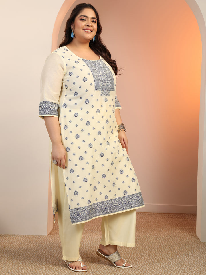 Plus Size Cream Woven Design Cotton Blend Straight Suit Set With Dupatta