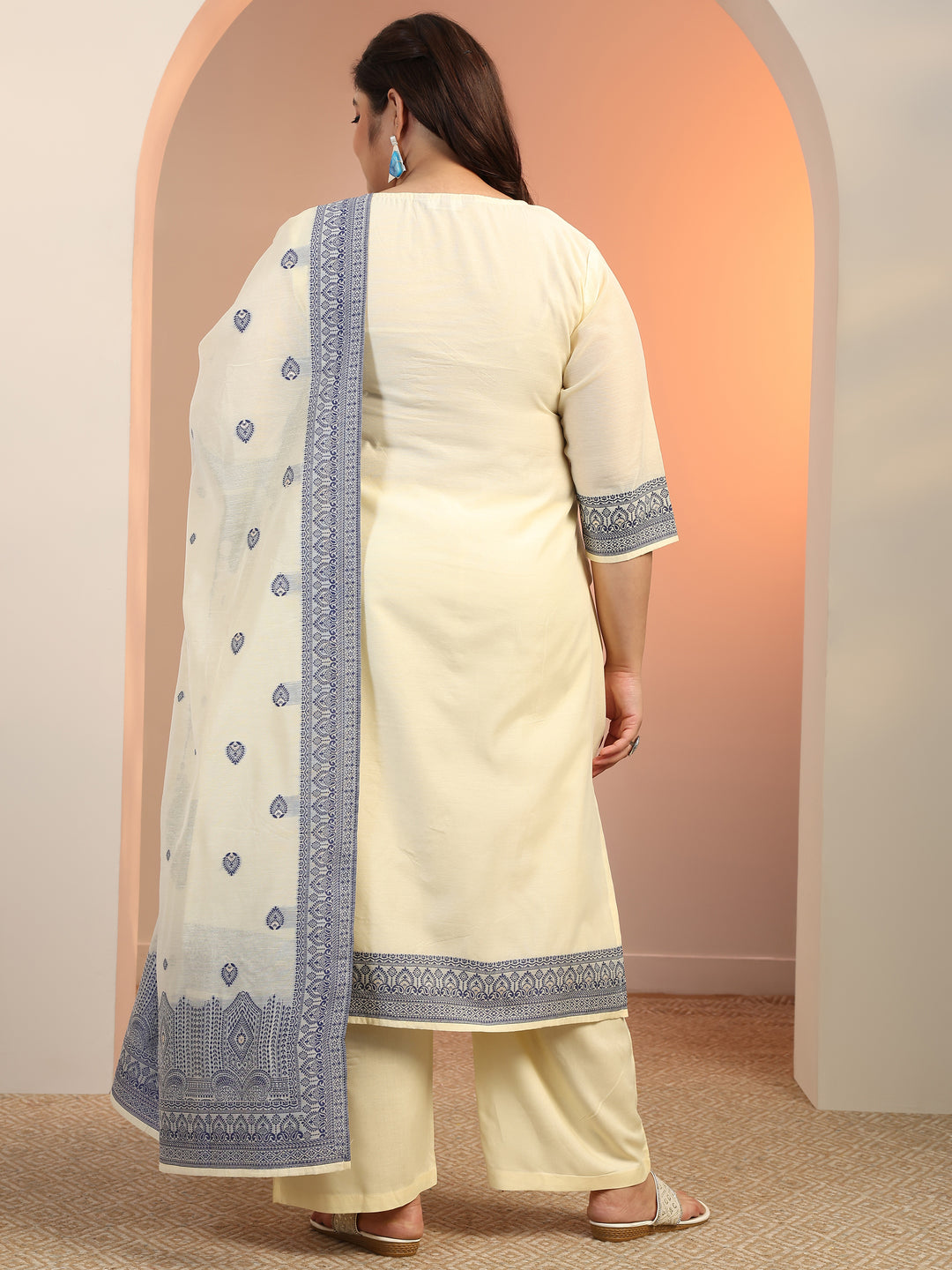 Plus Size Cream Woven Design Cotton Blend Straight Suit Set With Dupatta
