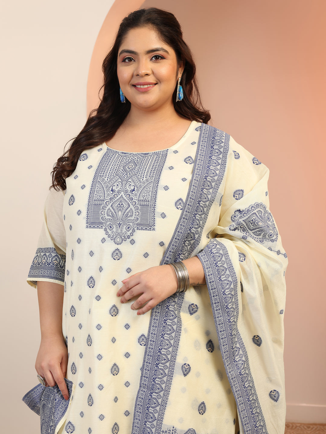 Plus Size Cream Woven Design Cotton Blend Straight Suit Set With Dupatta