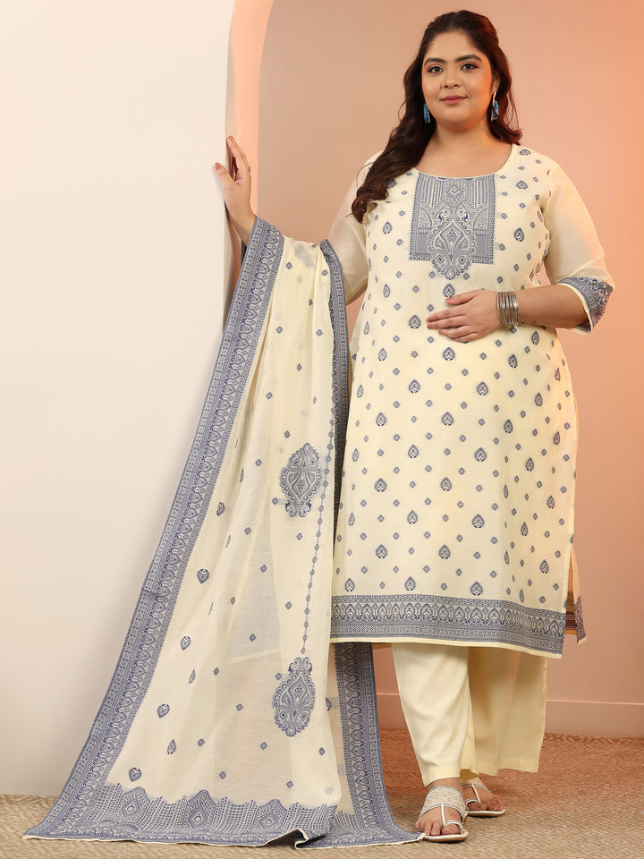 Plus Size Cream Woven Design Cotton Blend Straight Suit Set With Dupatta