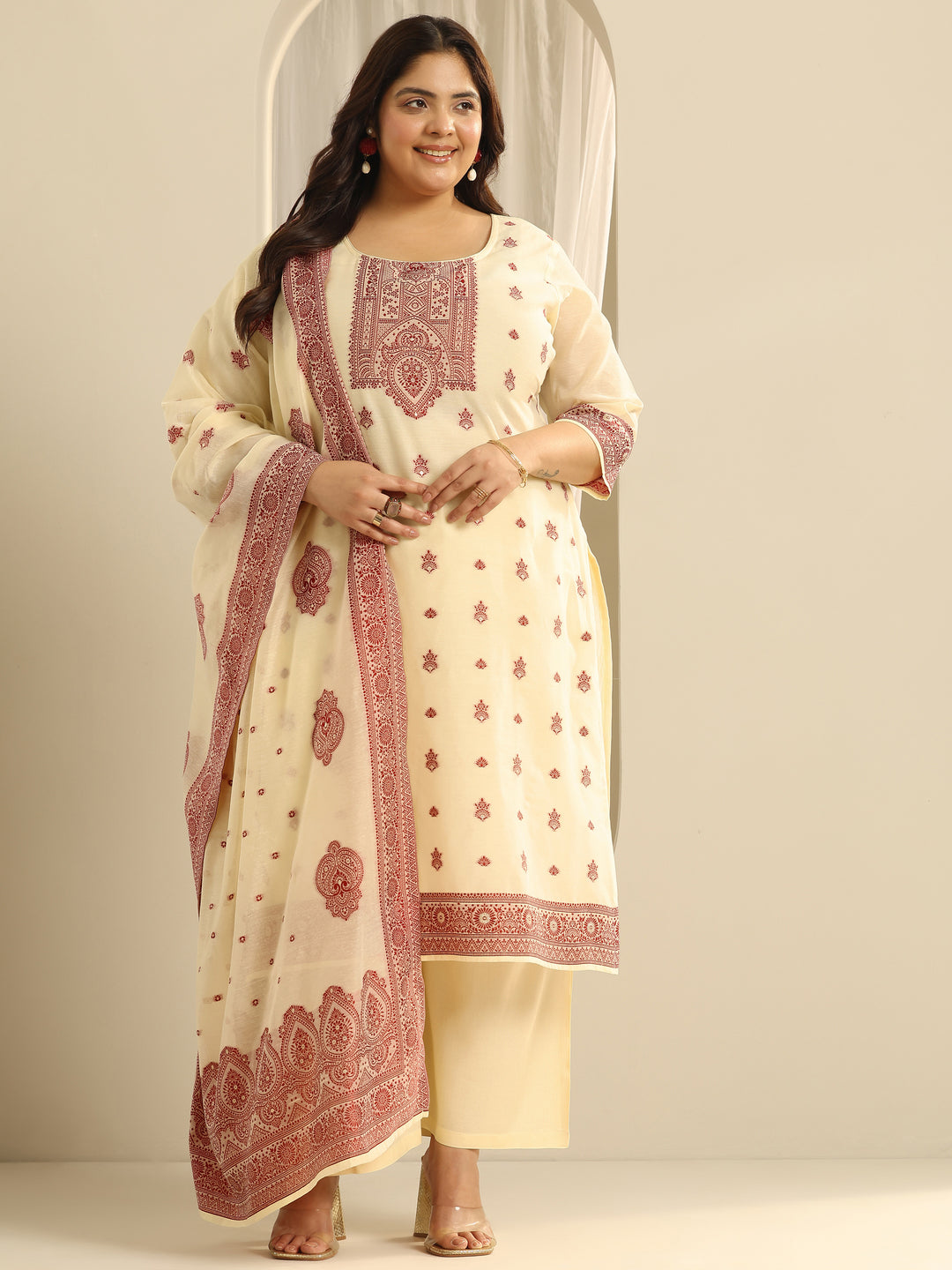 Plus Size Cream Woven Design Cotton Blend Straight Suit Set With Dupatta
