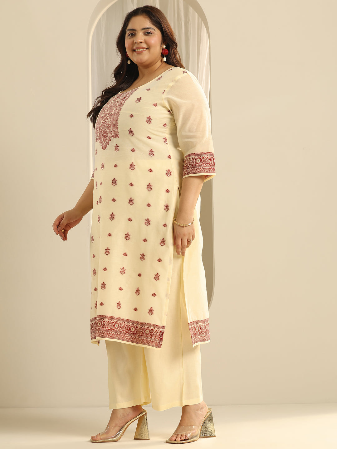 Plus Size Cream Woven Design Cotton Blend Straight Suit Set With Dupatta