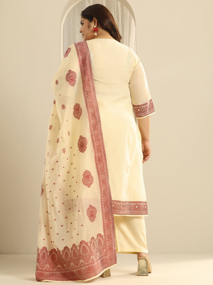 Plus Size Cream Woven Design Cotton Blend Straight Suit Set With Dupatta