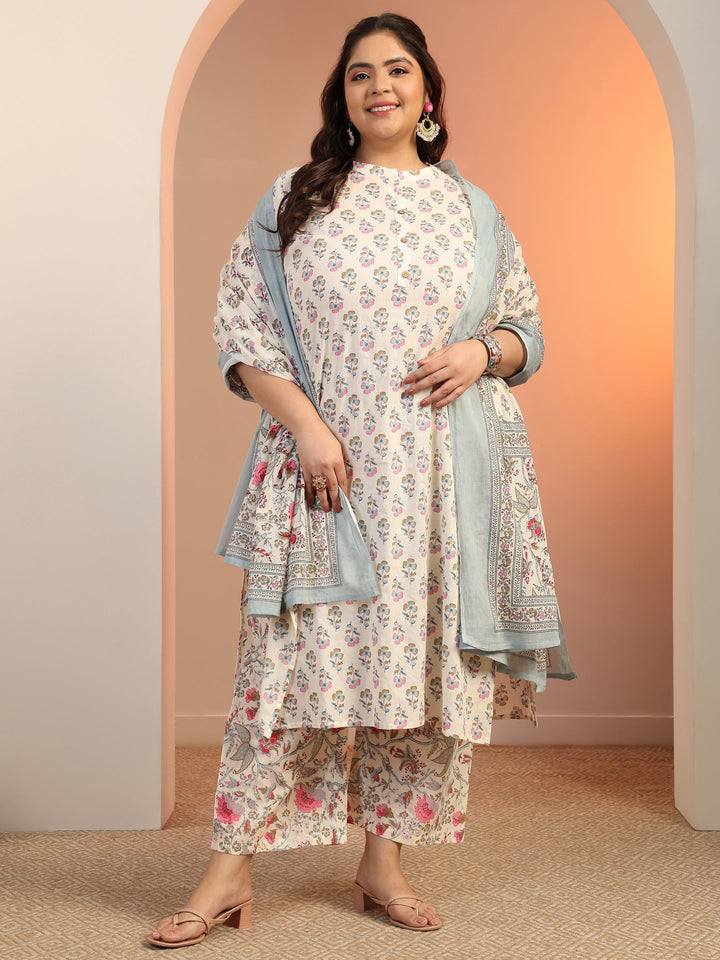 Plus Size Off white Floral Printed Cotton Straight Suit Set With Dupatta