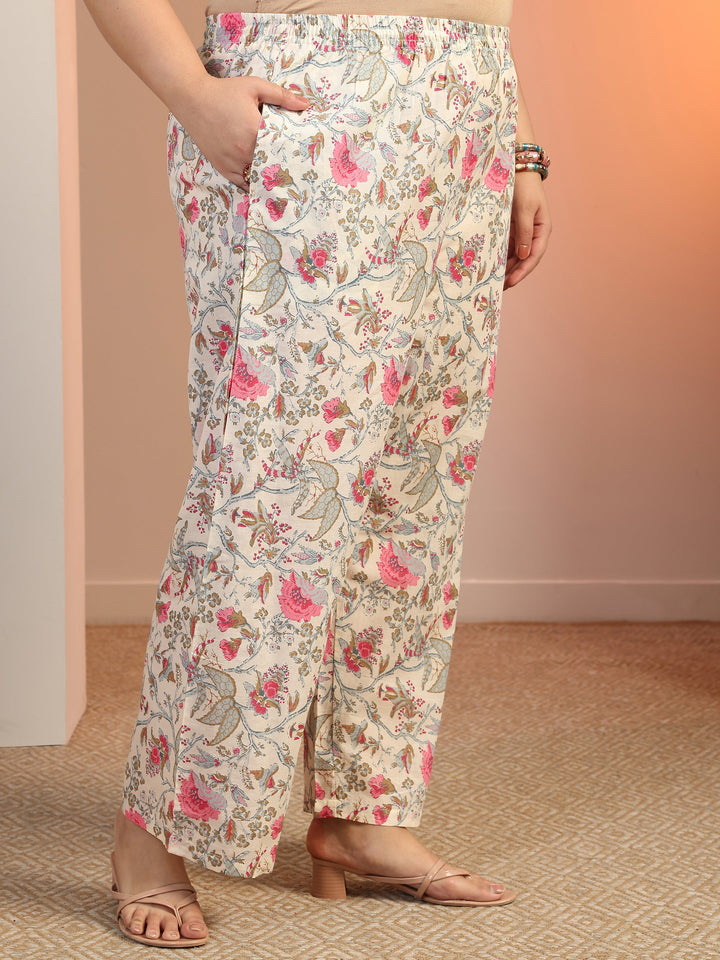 Plus Size Off white Floral Printed Cotton Straight Suit Set With Dupatta