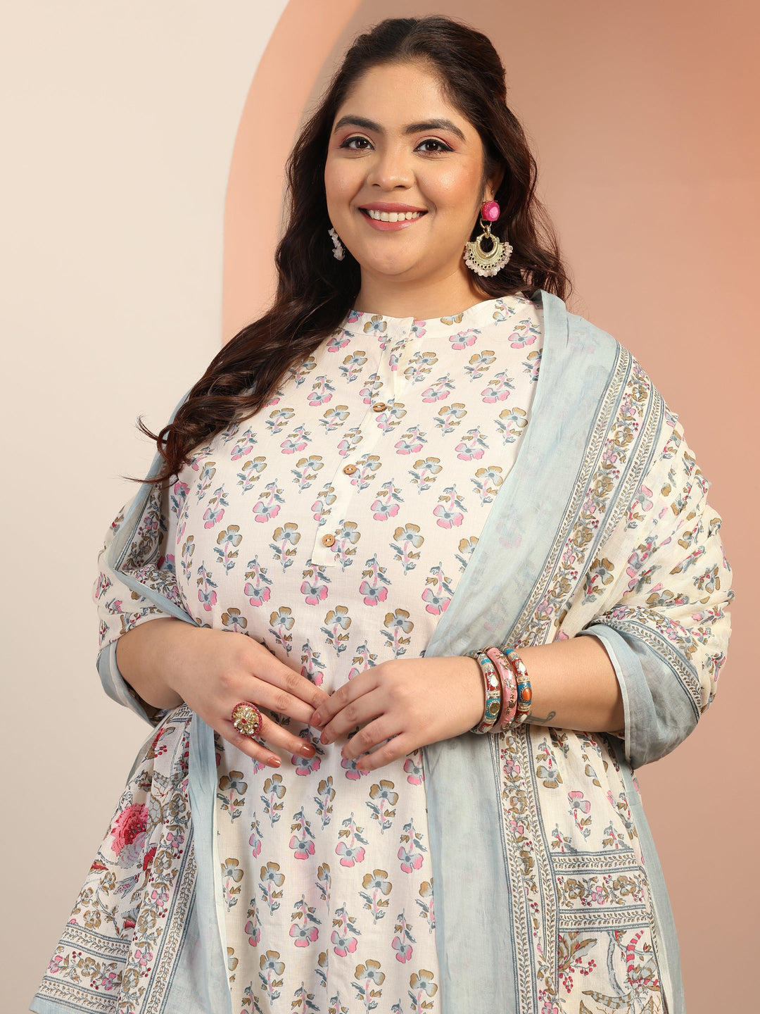Plus Size Off white Floral Printed Cotton Straight Suit Set With Dupatta