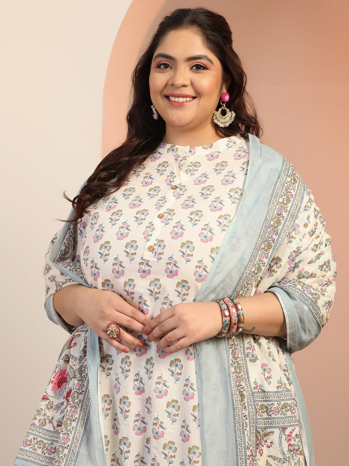 Plus Size Off white Floral Printed Cotton Straight Suit Set With Dupatta