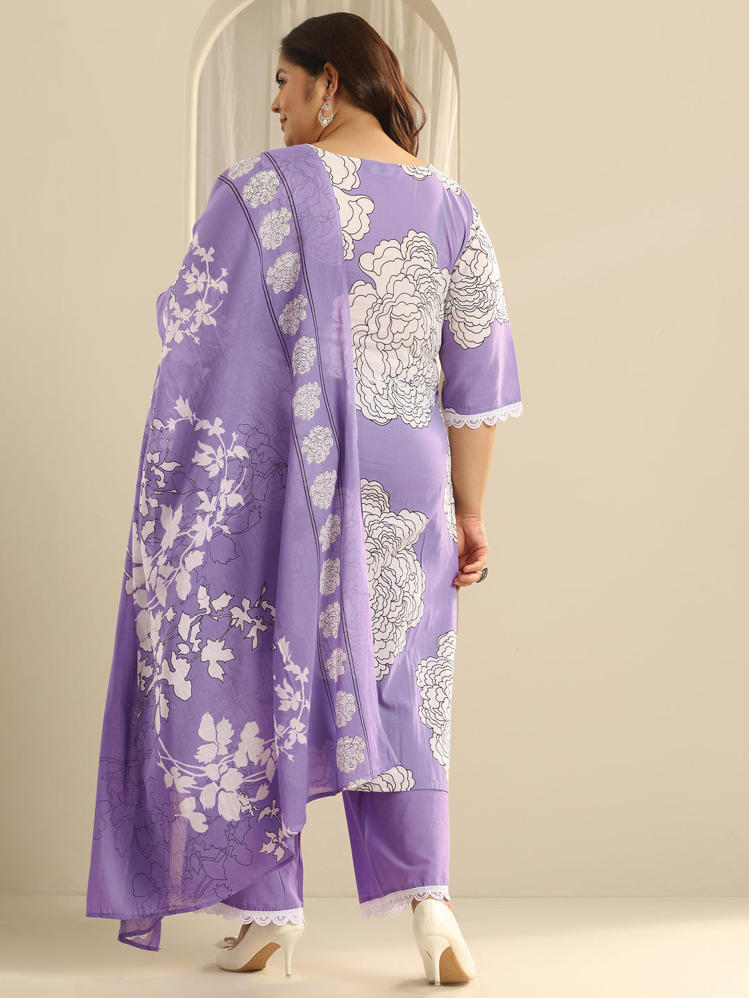 Plus Size Lavender Printed Cotton Straight Suit Set With Dupatta