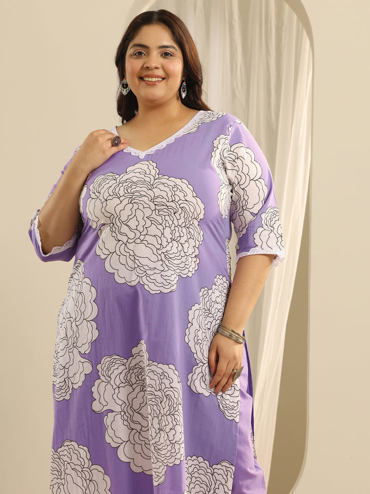 Plus Size Lavender Printed Cotton Straight Suit Set With Dupatta
