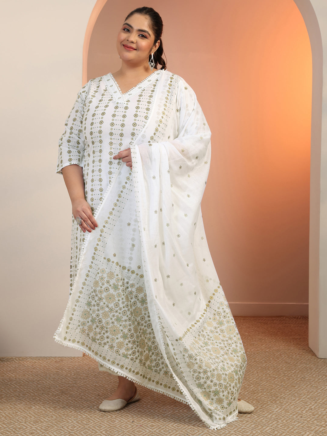 Plus Size Off white Printed Cotton Straight Suit Set With Dupatta