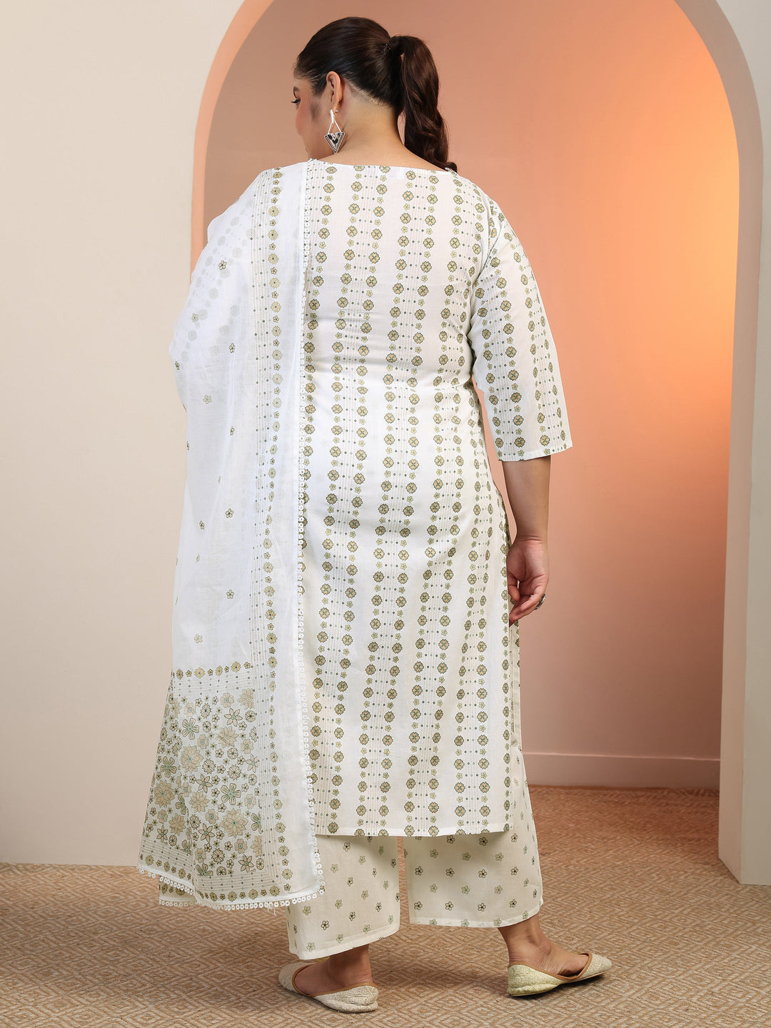 Plus Size Off white Printed Cotton Straight Suit Set With Dupatta