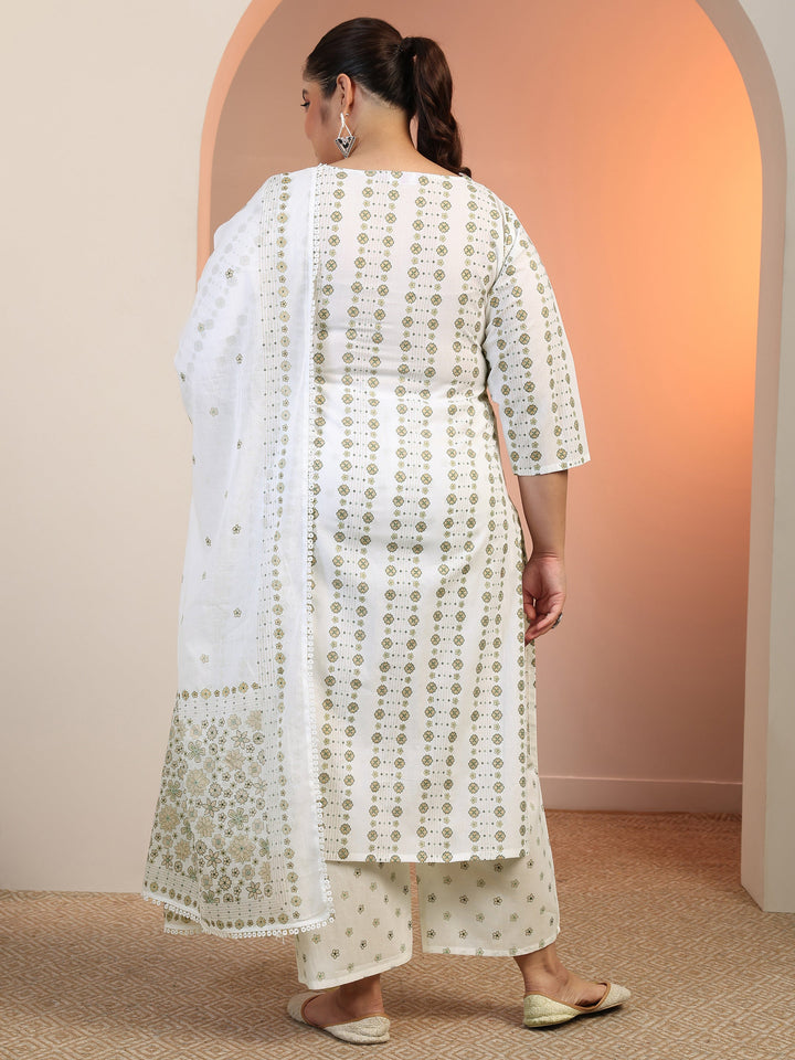 Plus Size Off white Printed Cotton Straight Suit Set With Dupatta
