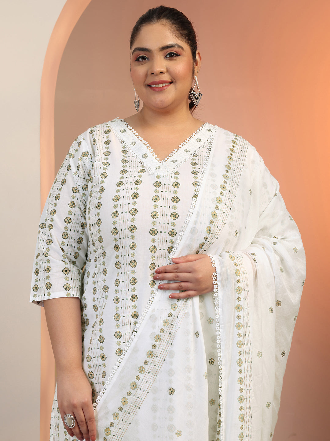 Plus Size Off white Printed Cotton Straight Suit Set With Dupatta