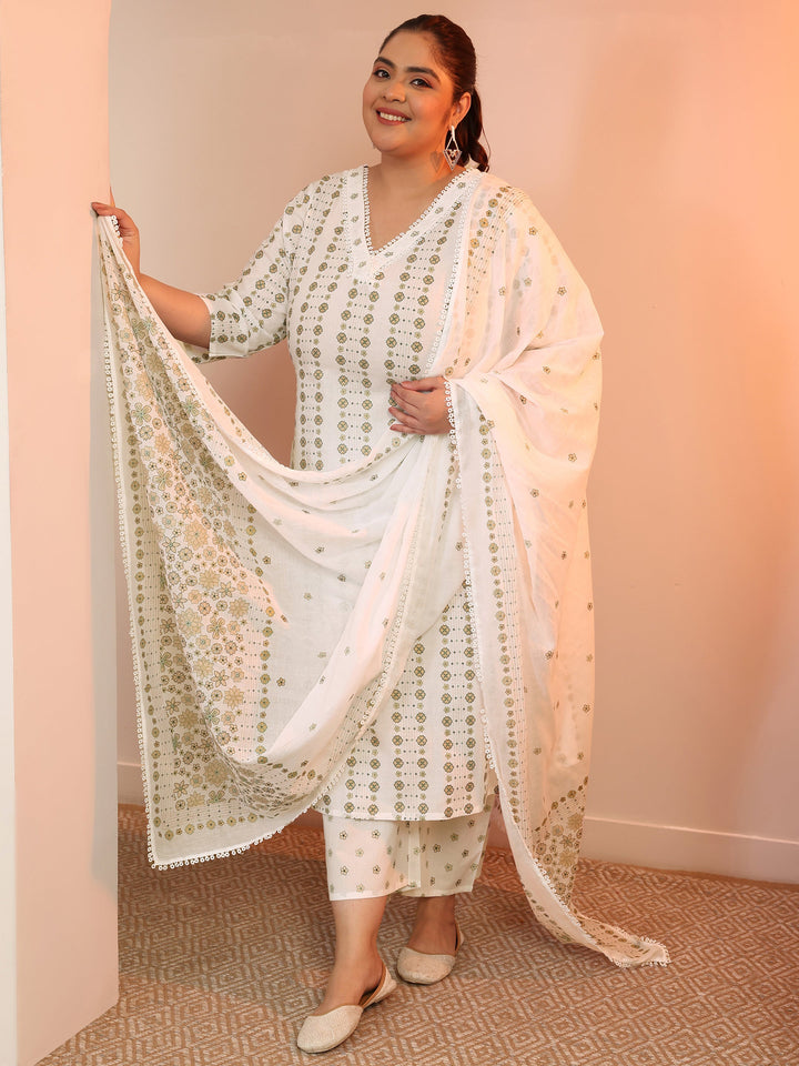 Plus Size Off white Printed Cotton Straight Suit Set With Dupatta