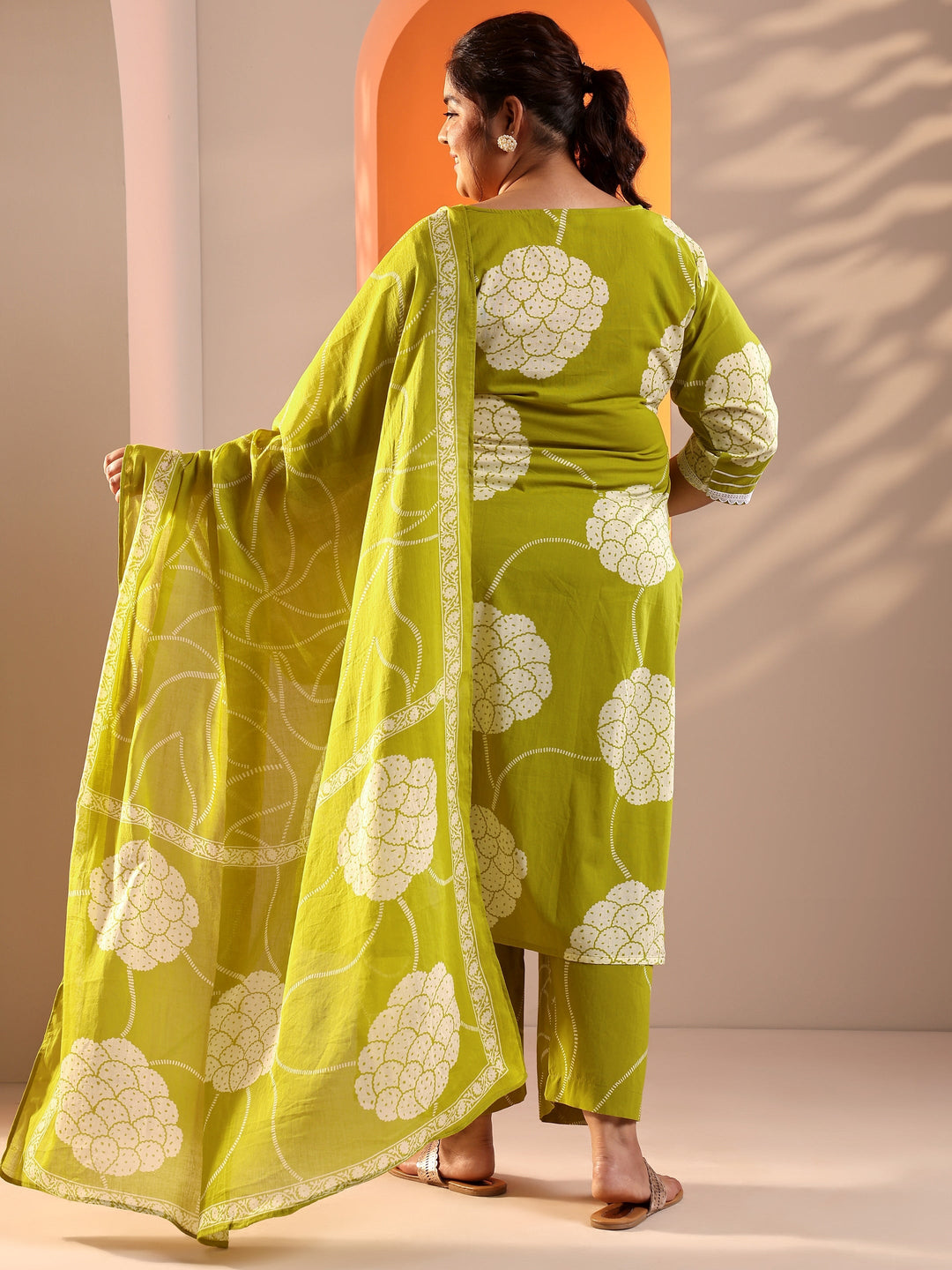 Plus Size Green Printed Cotton Straight Suit Set With Dupatta
