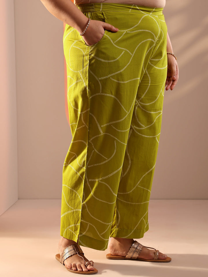 Plus Size Green Printed Cotton Straight Suit Set With Dupatta