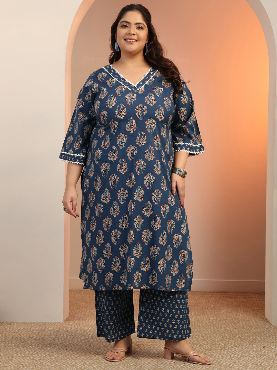 Plus Size Blue Printed Cotton Straight Kurta Set