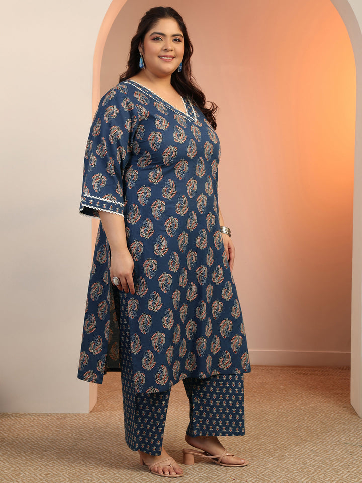 Plus Size Blue Printed Cotton Straight Kurta Set