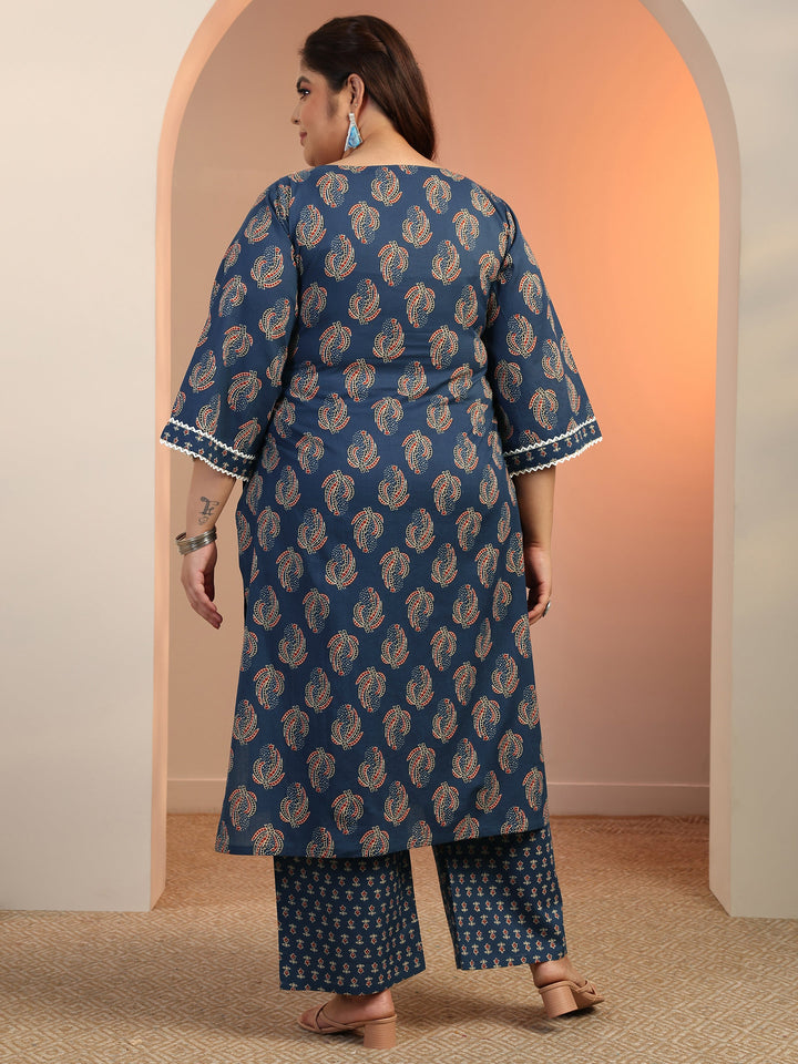 Plus Size Blue Printed Cotton Straight Kurta Set