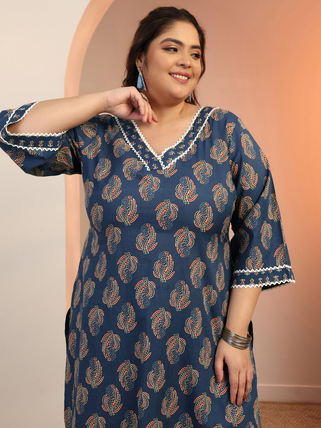 Plus Size Blue Printed Cotton Straight Kurta Set