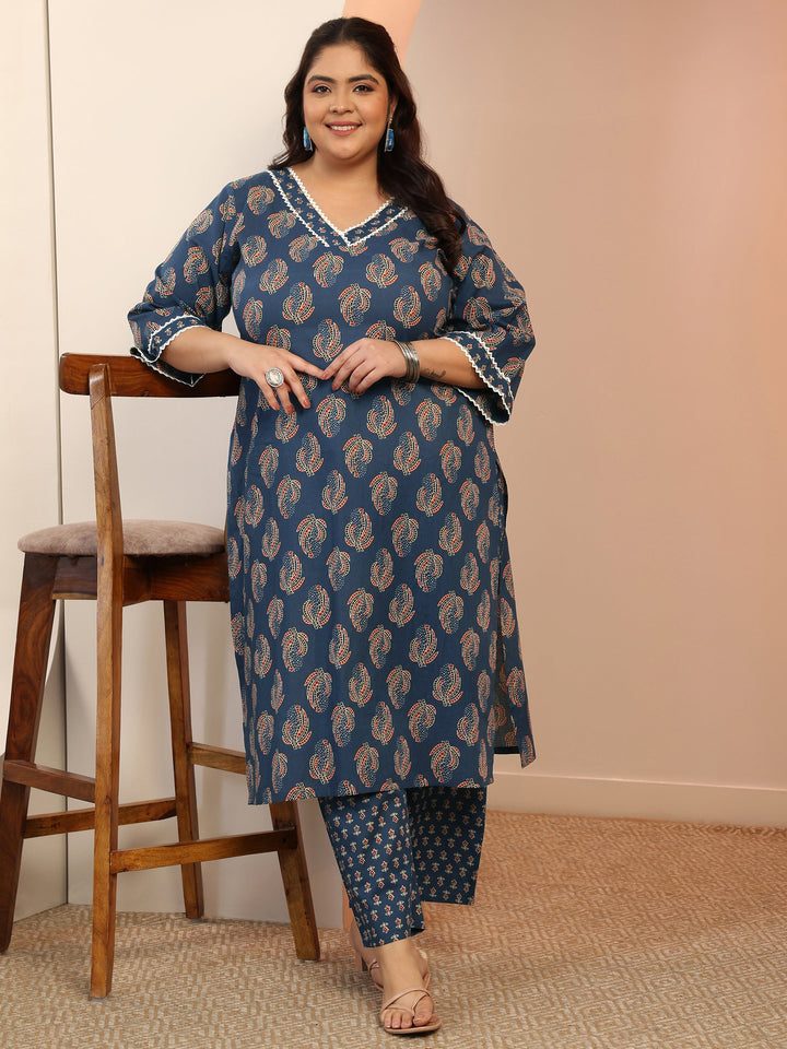 Plus Size Blue Printed Cotton Straight Kurta Set