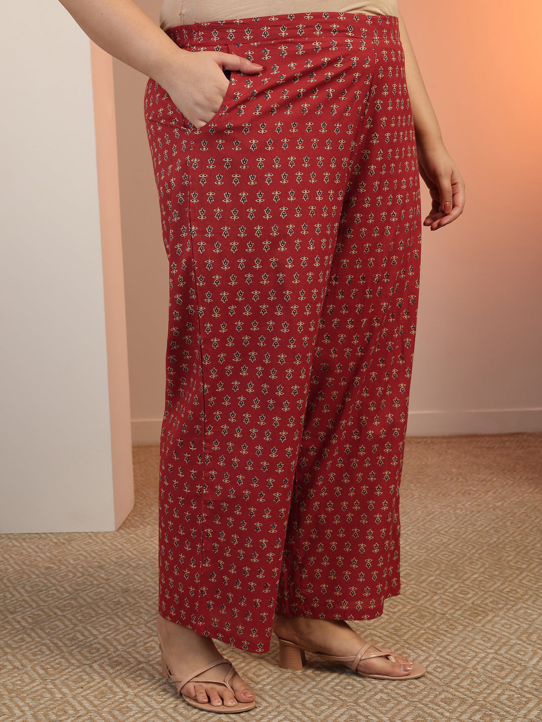 Plus Size Maroon Printed Cotton Straight Kurta Set