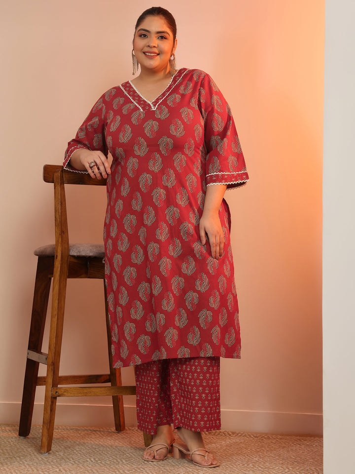 Plus Size Maroon Printed Cotton Straight Kurta Set