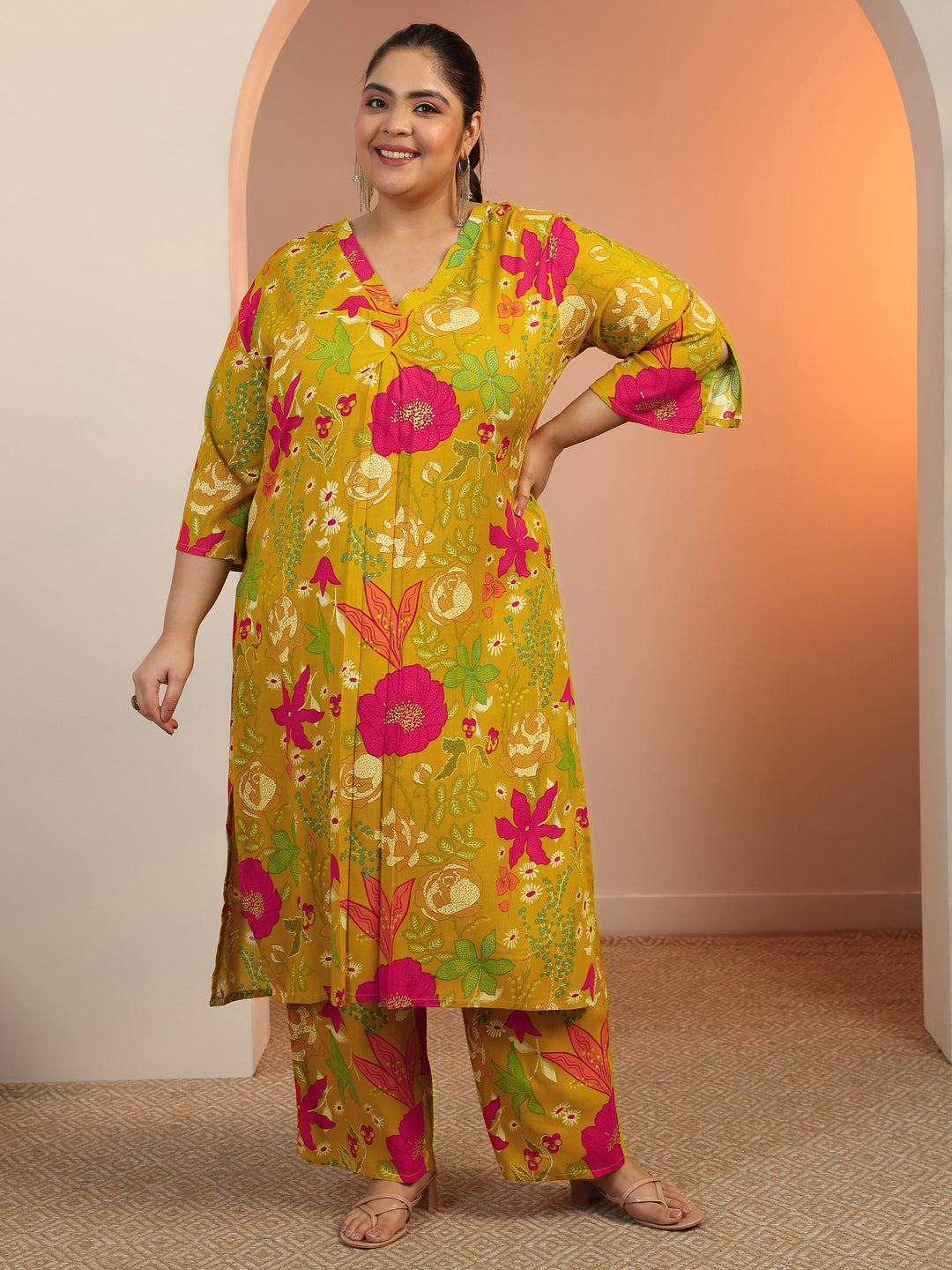 Plus Size Mustard Printed Rayon Co-Ord Sets