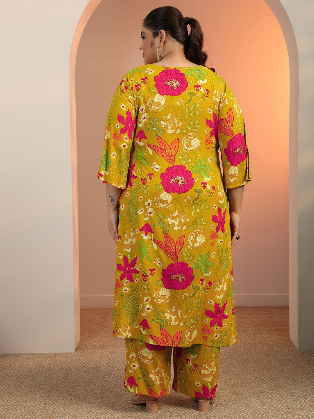 Plus Size Mustard Printed Rayon Co-Ord Sets