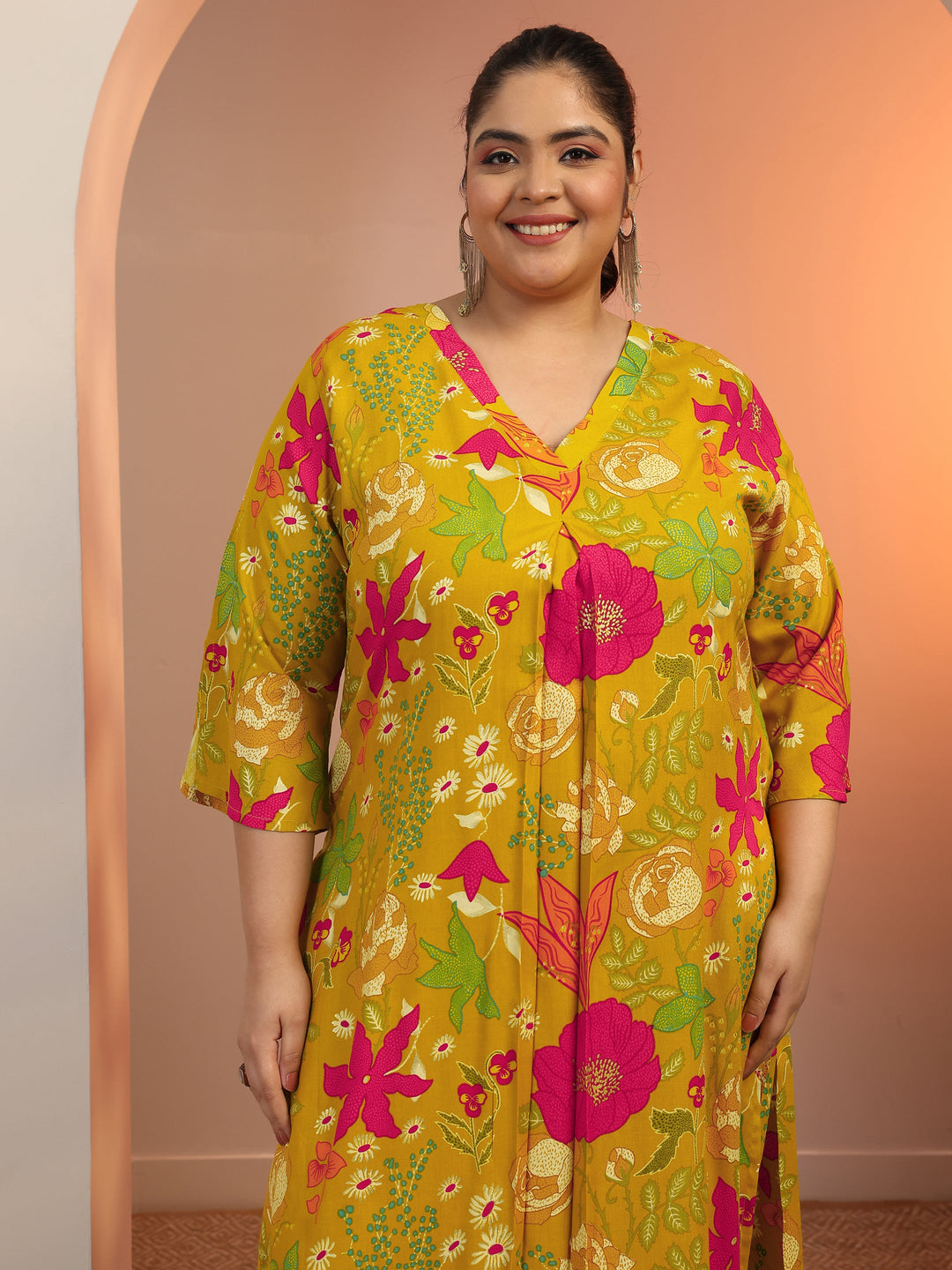 Plus Size Mustard Printed Rayon Co-Ord Sets