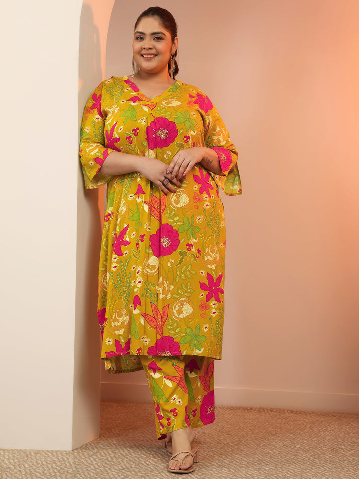 Plus Size Mustard Printed Rayon Co-Ord Sets