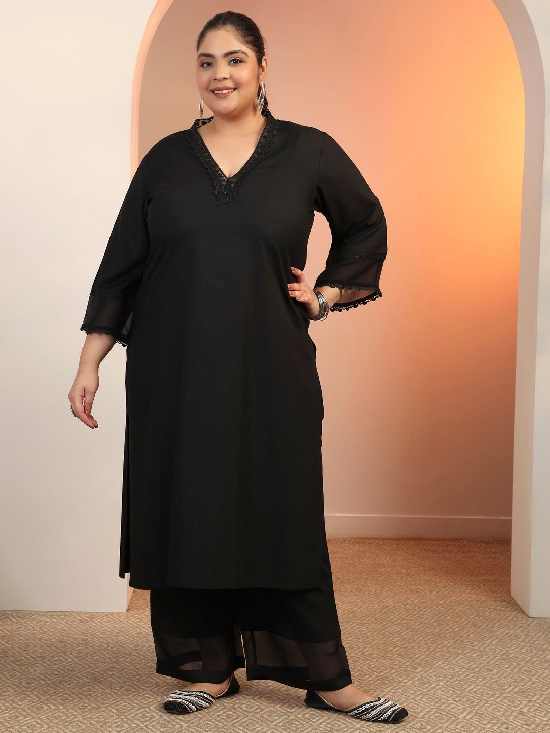 Plus Size Black Embellished Rayon Co-Ord Sets