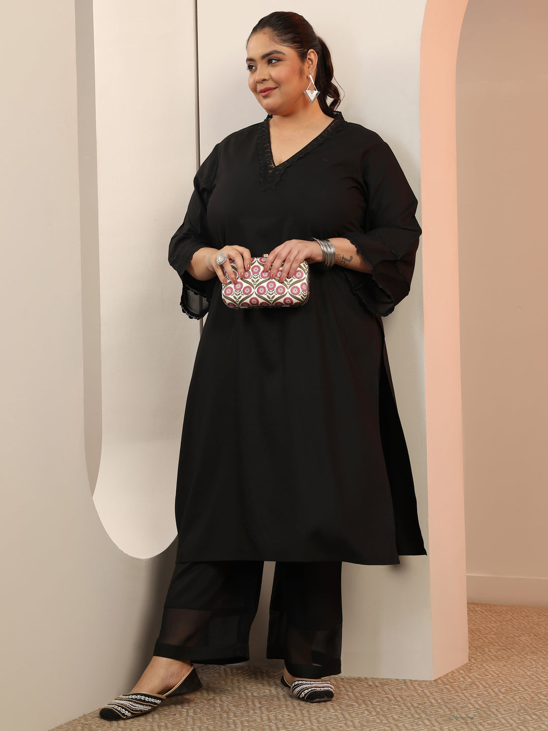 Plus Size Black Embellished Rayon Co-Ord Sets