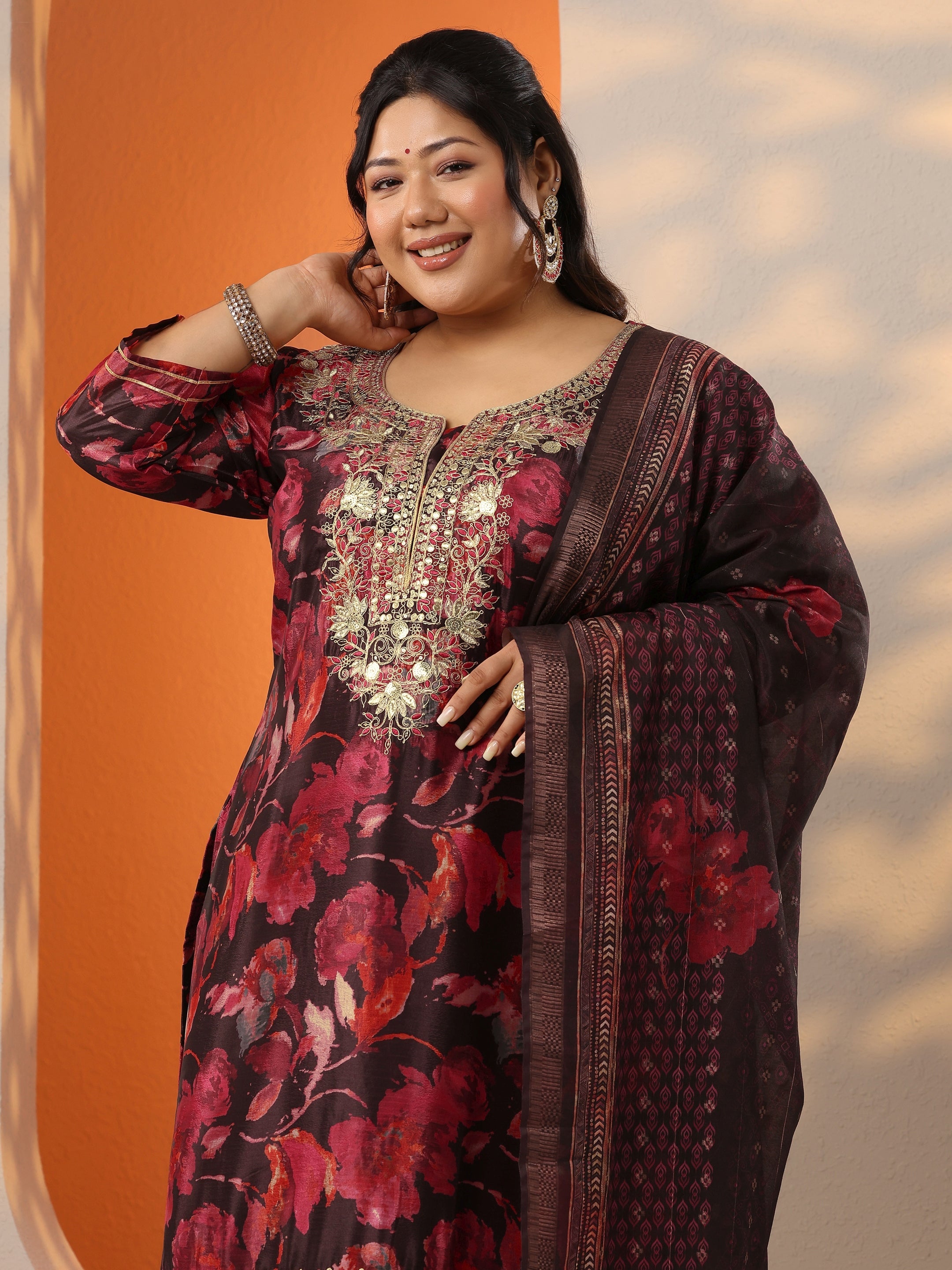Plus Size Mustard Printed Chinon Straight Suit Set With Dupatta main image 1