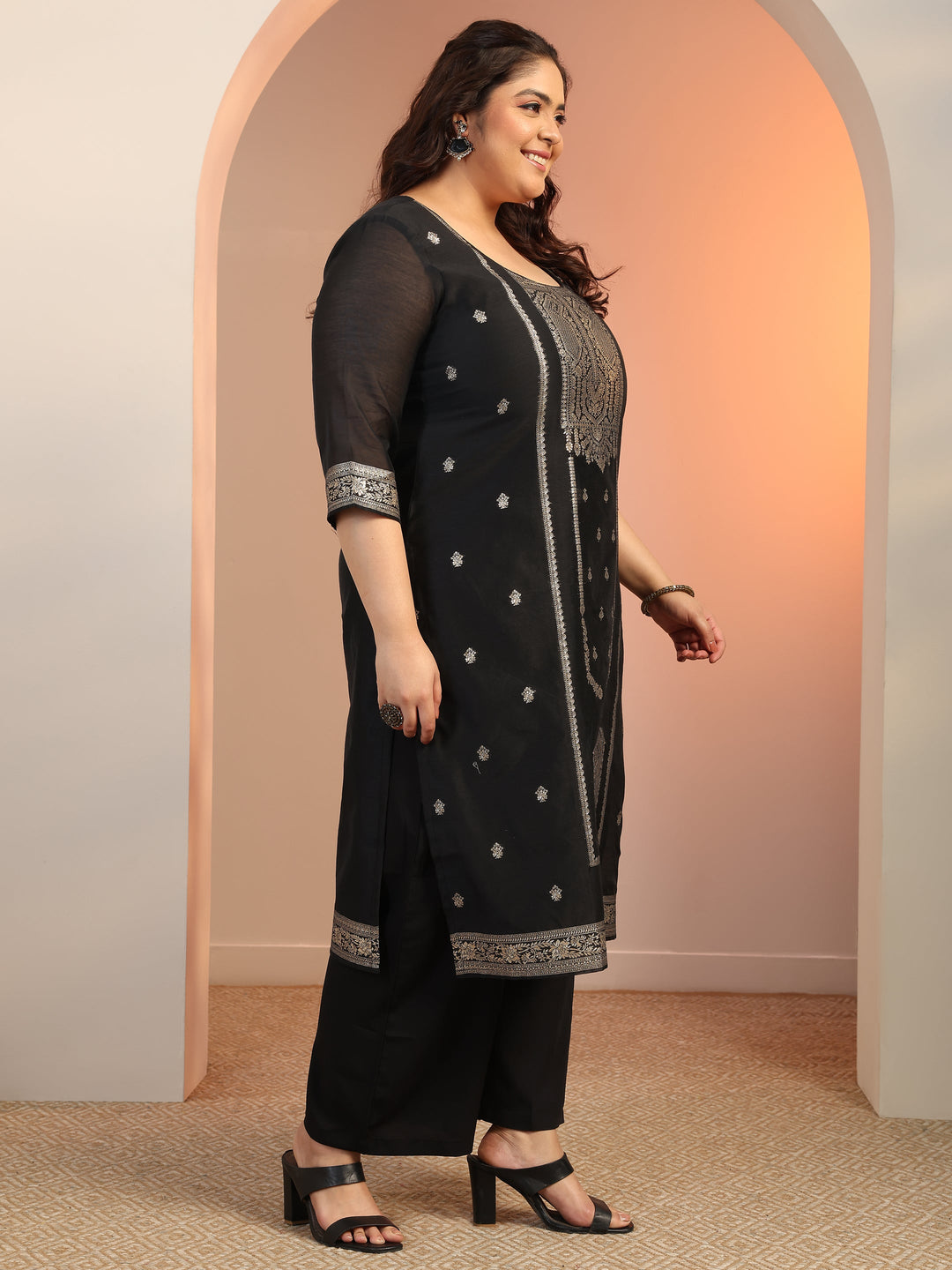 Plus Size Black Woven Design Silk blend Straight Suit Set With Dupatta