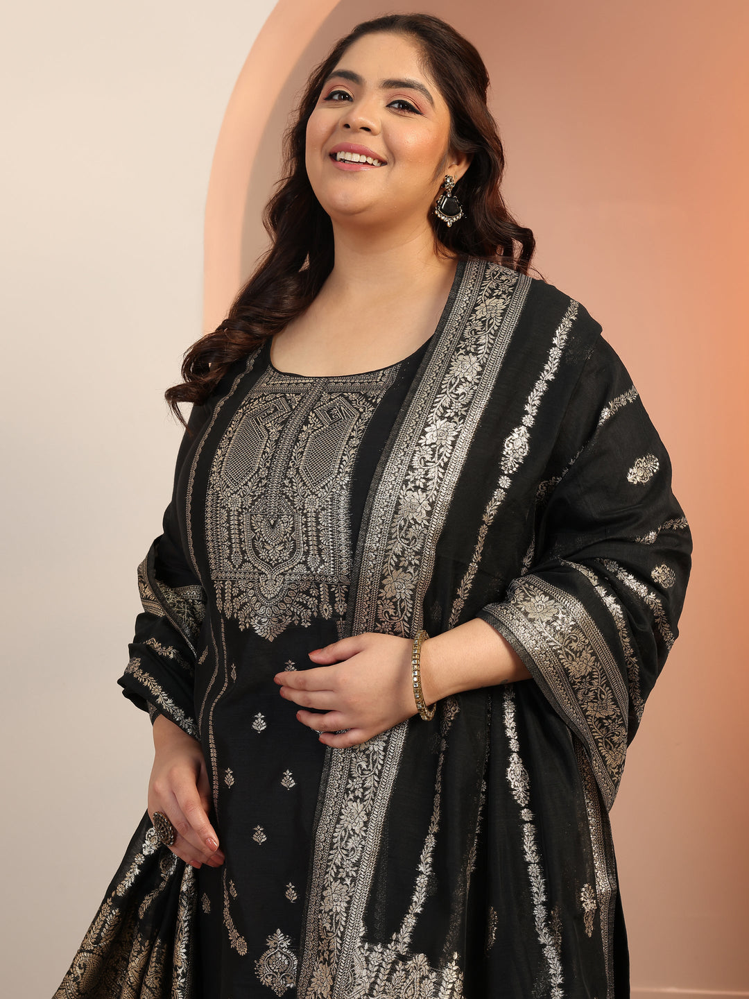 Plus Size Black Woven Design Silk blend Straight Suit Set With Dupatta