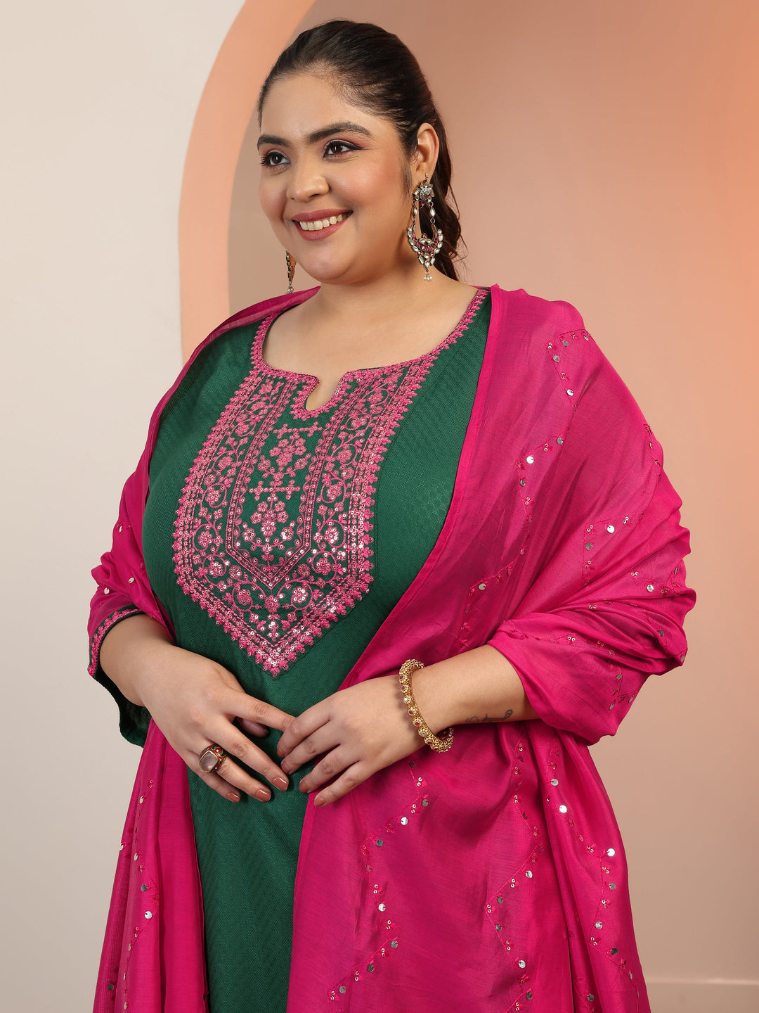 Plus Size Green Woven Design Rayon Straight Suit Set With Dupatta