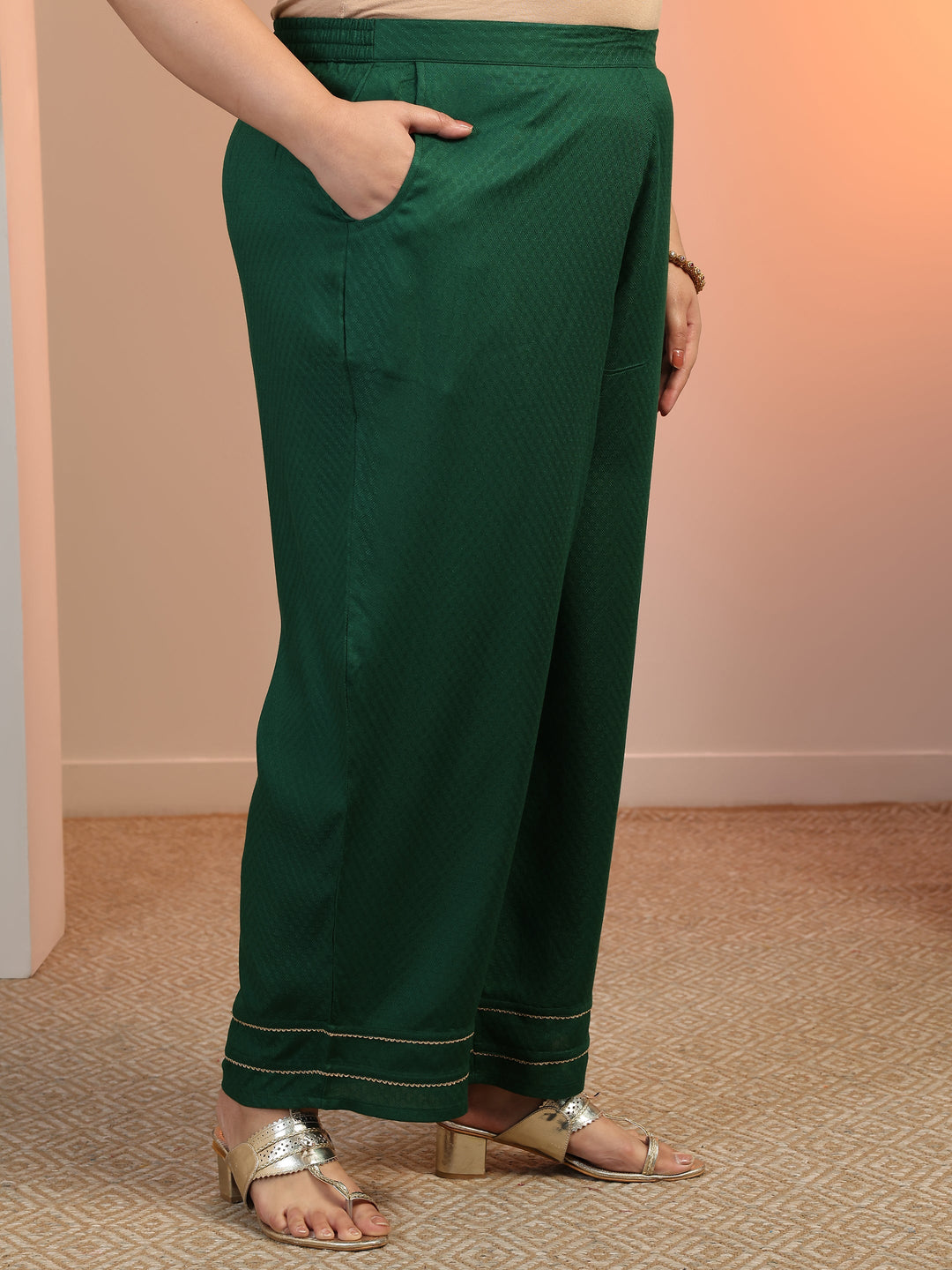 Plus Size Green Solid Rayon Straight Kurta Set