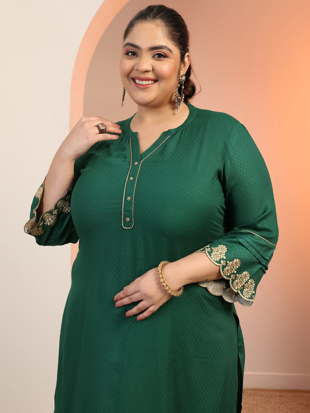 Plus Size Green Solid Rayon Straight Kurta Set