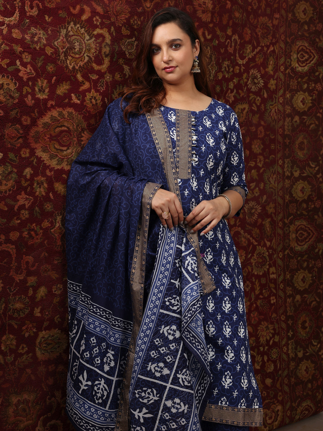 Plus Size Blue Printed Cotton Straight Suit Set With Dupatta
