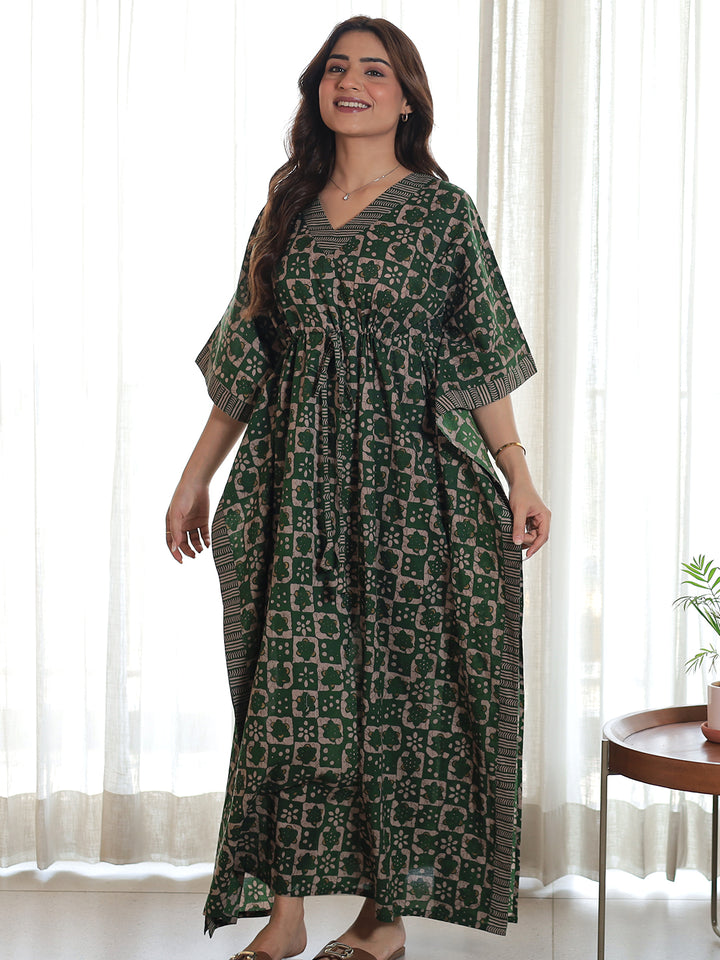 Green Printed Cotton Kaftan Night Dress