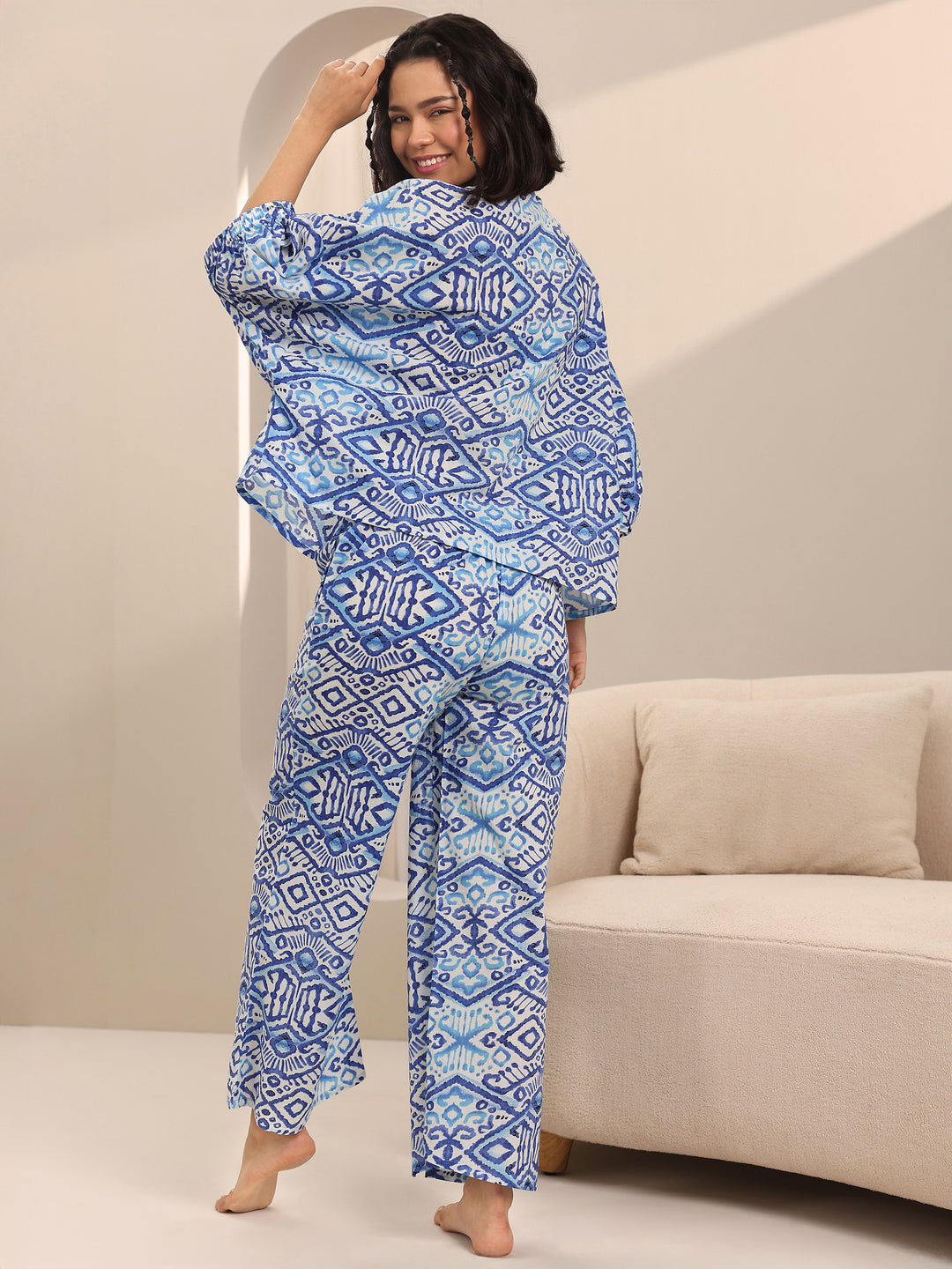 Blue Printed Cotton Night Suits