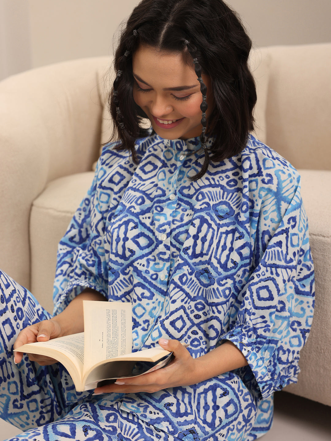 Blue Printed Cotton Night Suits