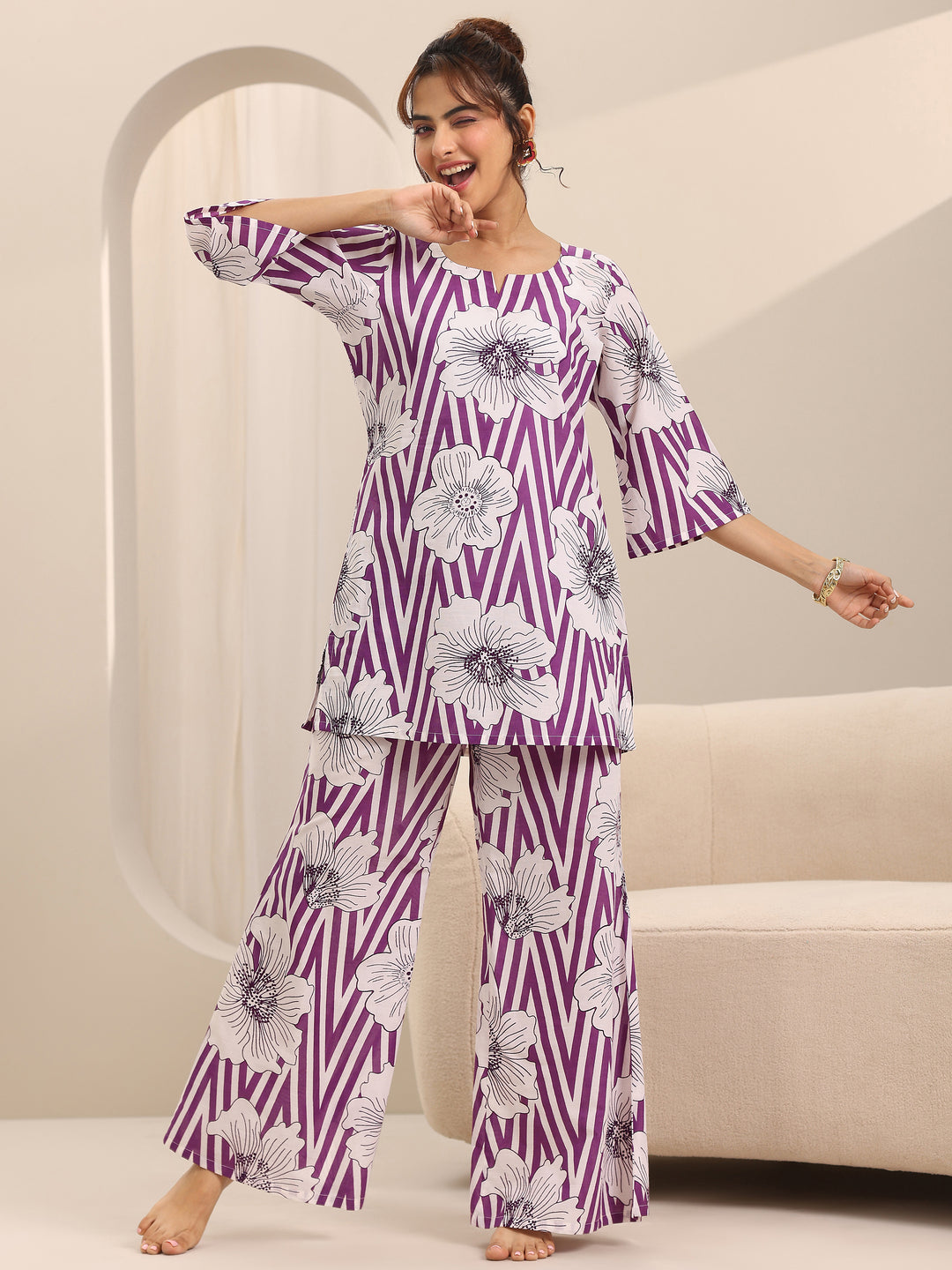 Purple Printed Cotton Night Suits