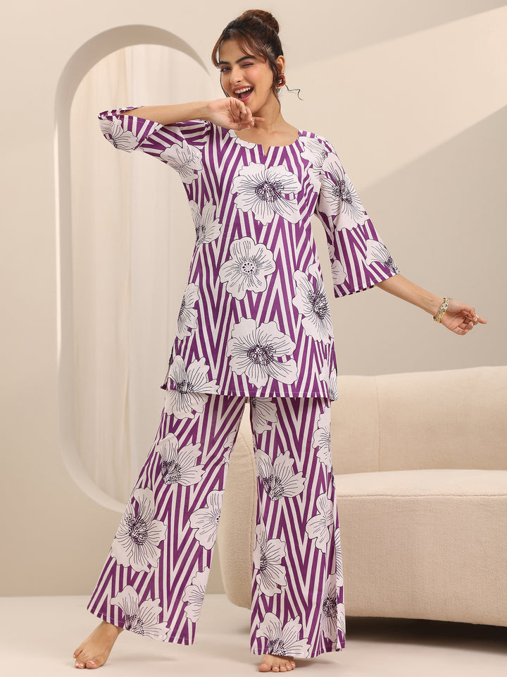 Purple Printed Cotton Night Suits