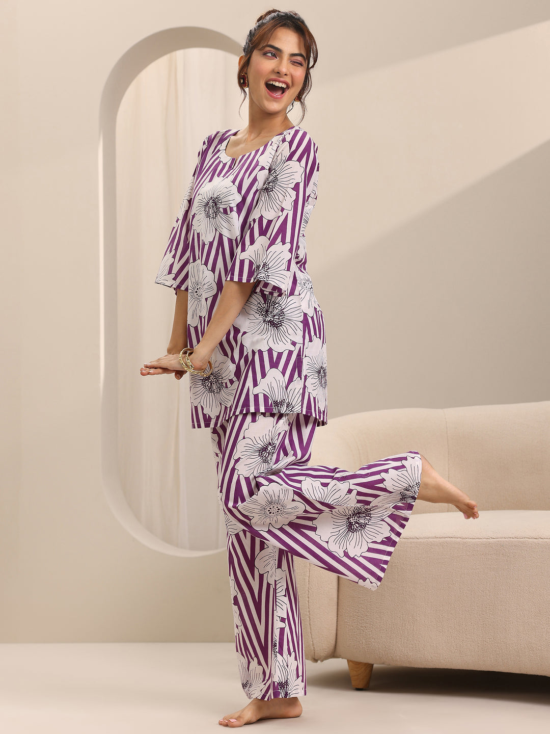 Purple Printed Cotton Night Suits