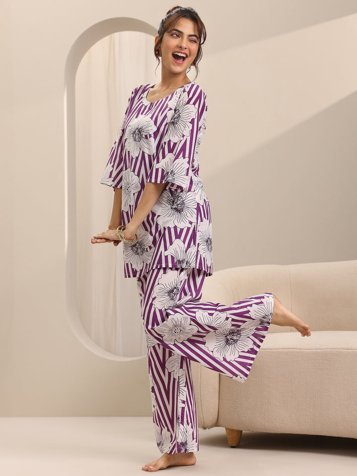 Purple Printed Cotton Night Suits